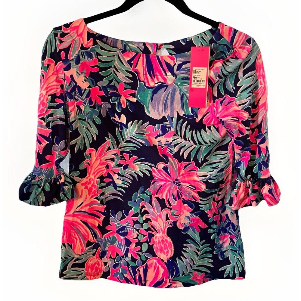 Lilly Pulitzer Waverly Ruffle Top Garden Get Away Floral Pink Blue XS 000724